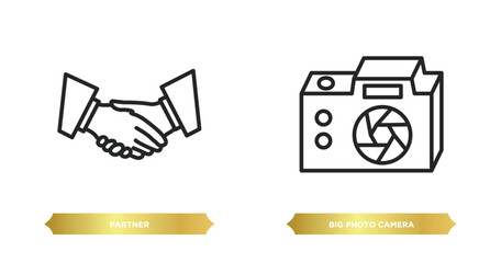 Poster - two editable outline icons from social media marketing concept. thin line icons such as partner, big photo camera vector.