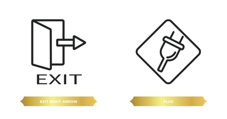 Poster - two editable outline icons from signs concept. thin line icons such as exit right arrow, plug vector.