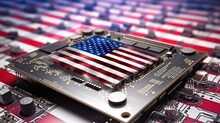 Microchip Located On A Motherboard With An American Flag Included In Its Design. US As The World's Leading Chip Manufacturer And Supplier By Strength Of Its Chip Industry And Global Supply Chain.
