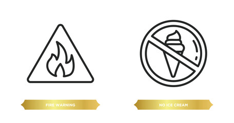 Poster - two editable outline icons from signs concept. thin line icons such as fire warning, no ice cream vector.