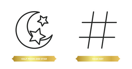 Poster - two editable outline icons from shapes concept. thin line icons such as half moon and star, hash key vector.