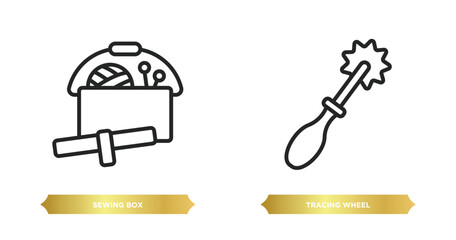 Poster - two editable outline icons from sew concept. thin line icons such as sewing box, tracing wheel vecto