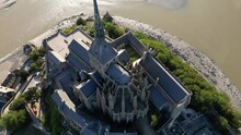Mont Saint Michel, Aerial Drone View Of Iconic Island And Benedictine Monastery Protected By UNESCO, Normandy, France, 4k