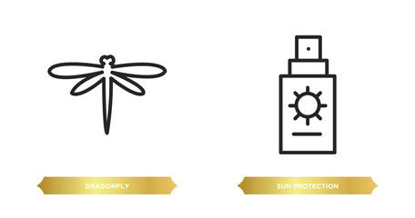 Poster - two editable outline icons from season concept. thin line icons such as dragonfly, sun protection vector.