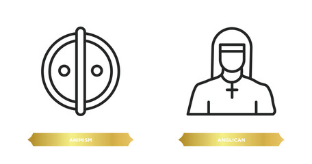 Sticker - two editable outline icons from religion concept. thin line icons such as animism, anglican vector.