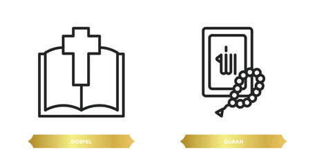 Poster - two editable outline icons from religion concept. thin line icons such as gospel, quran vector.