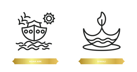 Poster - two editable outline icons from religion concept. thin line icons such as noah ark, diwali vector.