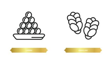 Poster - two editable outline icons from religion concept. thin line icons such as laddu, challah vector.