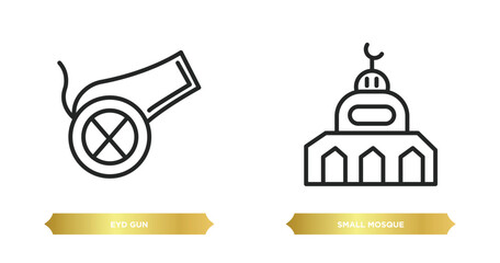 Poster - two editable outline icons from religion concept. thin line icons such as eyd gun, small mosque vect