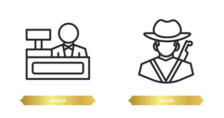 Poster - two editable outline icons from professions concept. thin line icons such as cashier, hunter vector.