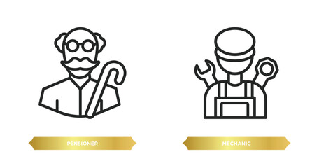 Poster - two editable outline icons from professions concept. thin line icons such as pensioner, mechanic vec
