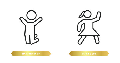 Poster - two editable outline icons from people concept. thin line icons such as man jumping up, dancing girl vector.