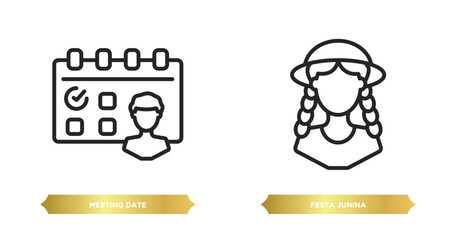 Poster - two editable outline icons from people concept. thin line icons such as meeting date, festa junina v