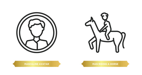 Sticker - two editable outline icons from people concept. thin line icons such as masculine avatar, man riding a horse vector.