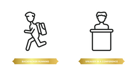 Poster - two editable outline icons from people concept. thin line icons such as backpacker running, speaker in a conference vector.