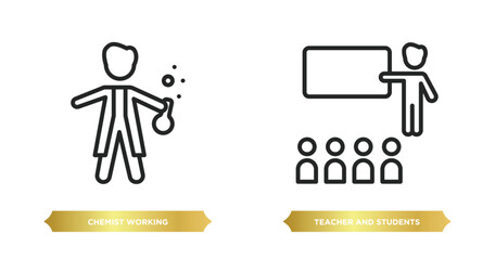 Poster - two editable outline icons from people concept. thin line icons such as chemist working, teacher and
