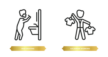Poster - two editable outline icons from people concept. thin line icons such as man shaving, salesman working vector.