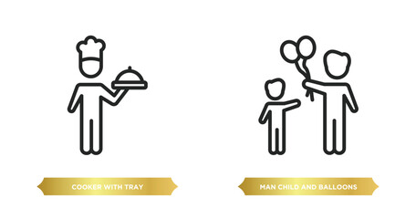 Poster - two editable outline icons from people concept. thin line icons such as cooker with tray, man child and balloons vector.