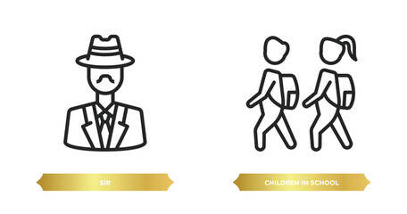 Poster - two editable outline icons from people concept. thin line icons such as sir, children in school vect