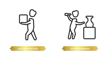 Poster - two editable outline icons from people concept. thin line icons such as men carrying a box, sculptor working vector.