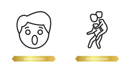 Poster - two editable outline icons from people concept. thin line icons such as surprised smile, give a piggy back ride vector.