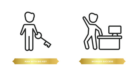Poster - two editable outline icons from people concept. thin line icons such as man with big key, worker success vector.