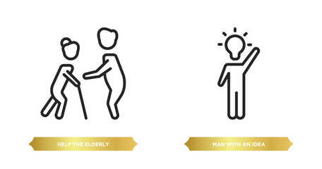 Poster - two editable outline icons from people concept. thin line icons such as help the elderly, man with an idea vector.