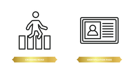 Poster - two editable outline icons from people concept. thin line icons such as crossing road, identification pass vector.