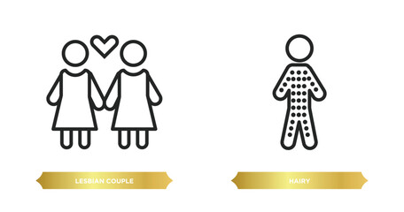 Poster - two editable outline icons from people concept. thin line icons such as lesbian couple, hairy vector.