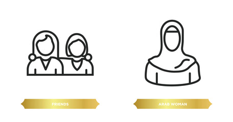 Poster - two editable outline icons from people concept. thin line icons such as friends, arab woman vector.