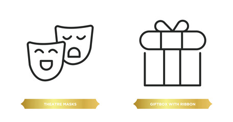 Poster - two editable outline icons from party concept. thin line icons such as theatre masks, giftbox with ribbon vector.