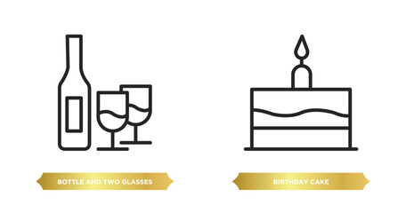 Wall Mural - two editable outline icons from party concept. thin line icons such as bottle and two glasses, birthday cake vector.