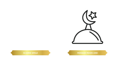 Poster - two editable outline icons from other concept. thin line icons such as scared smile, mosque moon and star vector.