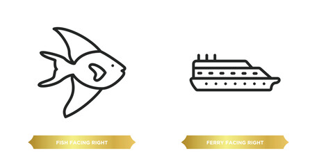 Poster - two editable outline icons from nautical concept. thin line icons such as fish facing right, ferry facing right vector.