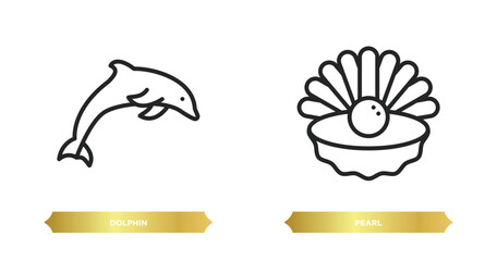 Poster - two editable outline icons from nautical concept. thin line icons such as dolphin, pearl vector.
