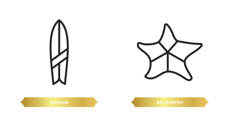 Poster - two editable outline icons from nautical concept. thin line icons such as suroard, big starfish vector.