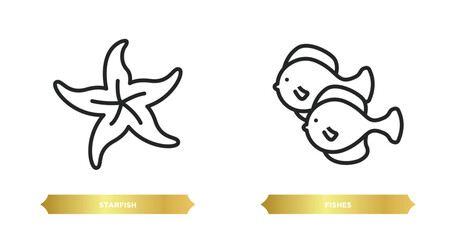 Poster - two editable outline icons from nautical concept. thin line icons such as starfish, fishes vector.