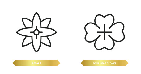 Sticker - two editable outline icons from nature concept. thin line icons such as petals, four leaf clover vector.