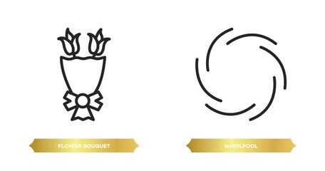 Sticker - two editable outline icons from nature concept. thin line icons such as flower bouquet, whirlpool vector.