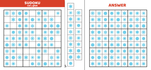 Wall Mural - Hard sudoku for kids with nine snowflakes. Sudoku for kids. Cut and glue. Cartoon