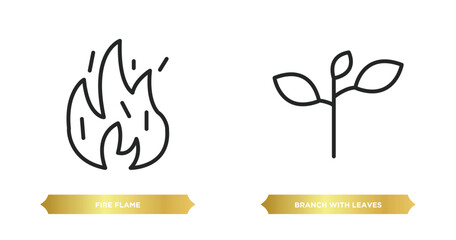 Poster - two editable outline icons from nature concept. thin line icons such as fire flame, branch with leaves vector.
