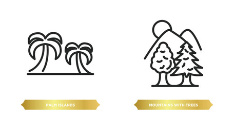 Poster - two editable outline icons from nature concept. thin line icons such as palm islands, mountains with trees vector.