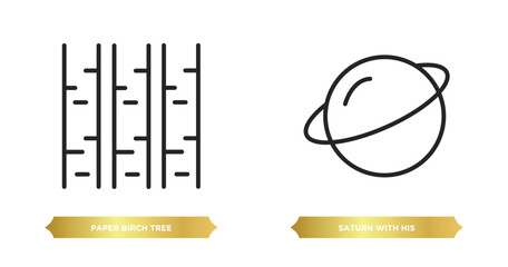Poster - two editable outline icons from nature concept. thin line icons such as paper birch tree, saturn with his ring vector.
