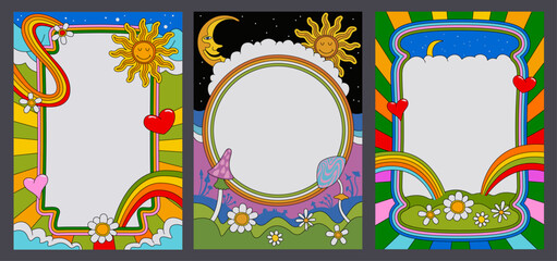 1960s Vintage Psychedelic Style Summer Posters Set. Abstract Hippie Art Rainbow Frame Backgrounds