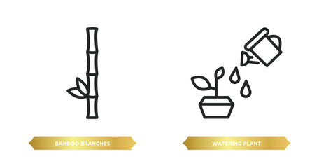 two editable outline icons from nature concept. thin line icons such as bamboo branches, watering plant vector.