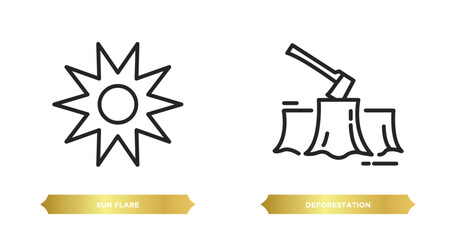 Poster - two editable outline icons from nature concept. thin line icons such as sun flare, deforestation vec