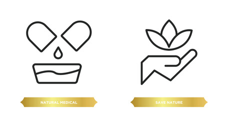 Poster - two editable outline icons from nature concept. thin line icons such as natural medical pills, save nature vector.