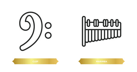 Poster - two editable outline icons from music and media concept. thin line icons such as clef, marimba vector.