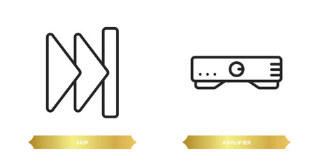 Poster - two editable outline icons from music and media concept. thin line icons such as skip, amplifier vector.