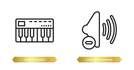 Poster - two editable outline icons from music and media concept. thin line icons such as music keyboard, low volume speaker vector.